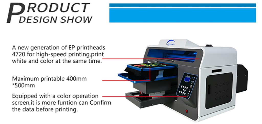 DTG printer sa novom EP glavom za brzu stampu i sa belom bojom u isto vreme. Maksimalna stampa 40x50cm. Opremljen sa kolor ekranom i potvrdom pre stampanja.