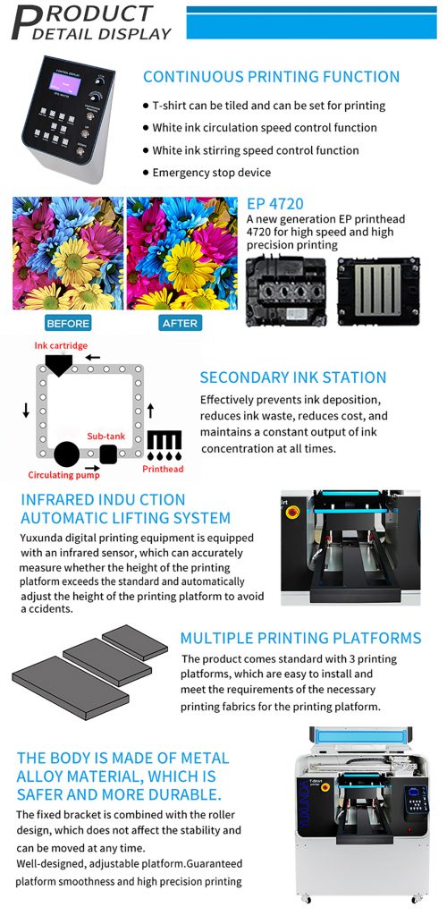 Kvalitetan i štedljiv DTG printer sa EP glavom štampača. EP 4720 glava. Smanjena i štedljiva bojna sekundarna jedinica, infra crveni zraci regulišu podešavanje radne visine, više različitih radnih površina,